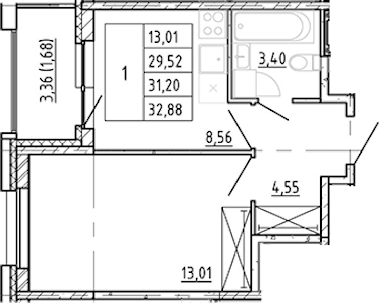 1-комнатная квартира 29.52 м², 3/12 эт., ЖК «Полис Новоселье»